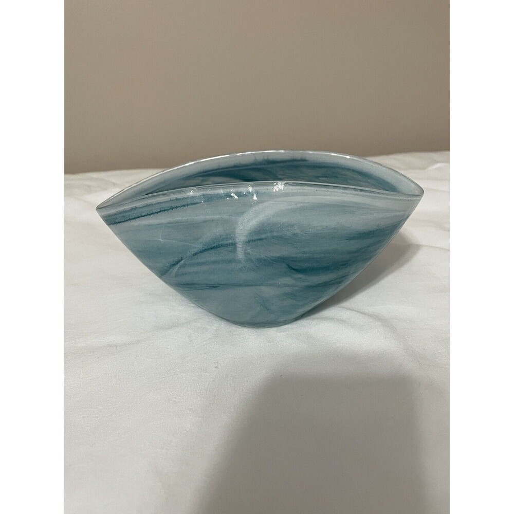 Beautiful Art Glass Swirl Oval Bowl Blue with Wave Design